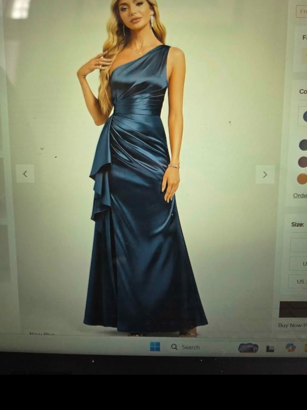 JJs House One-Shoulder Satin Gown in Navy Blue